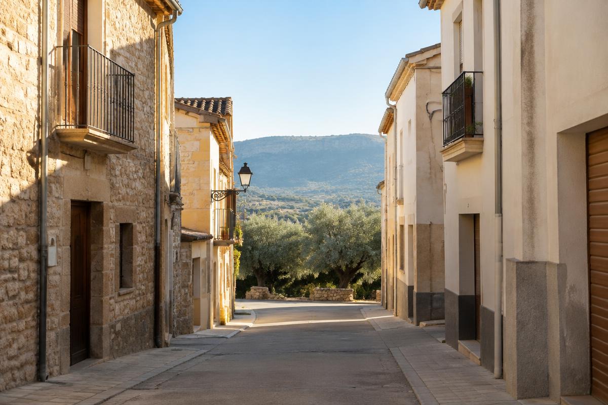 Calle de casas tradicionales en Ulldecona con olivos al fondo — Pinturas Monfor